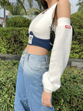 Znbbw Spring Fashion Patchwork Women T-shirt 2023 New Sexy Off Shoulder Rib Knitted Letter Slim Wild Streetwear Female Top