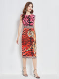 Znbbw Fashion Runway Summer Midi Dress Women Sleeveless Vintage Tiger leopard print Slim Party Bodycon Dress Vestidos N452