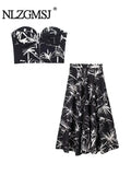 Znbbw TRAF Print Pleated Skirt Sets Black Long Skirts for Women High Waist Maxi Skirt Women Summer Cape Skirts Woman