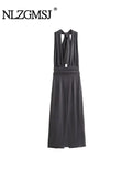 Znbbw TRAF - Solid Women Midi Evening Dress 2023 V Neck Sleeveless Backless Swing Female Halter Beach Sexy Dress