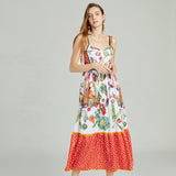 Znbbw Runway Designer Summer Dress Women's V-Neck Spaghetti Strap Vintage Fruit and Vegetable Print Party Midi Dress