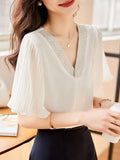 Znbbw Short Sleeve Blouse Women V-Neck White Chiffon Blouse Shirt Women Tops Blusas Mujer De Moda 2023 Verano Blouses F163