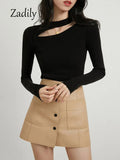 znbbw 2023 Winter New Bottoming Women Sweater Korea Style Slim Long Sleeve Hollow Out O Neck Strecth Ladies Knit Basic Pullover