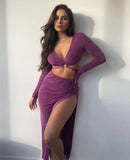 znbbw New Long Sleeve Bandage Dress Sets Elegant Women Top And Skirts Sexy Club Split Skirts Two Piece Set Summer Fashion Outfits