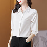 Znbbw Korean Fashion Women's Blouses Office Lady Simple Purple Wine White Satin Shirts Comfortable 3/4 Sleeve Silk Tops Women