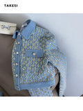 znbbw Fashion Denim Women Pants Two Piece Set Women Sequined Embroidery Button Jacket Coat + High Waist Wide Leg Trousers Suits