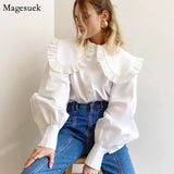 Znbbw Ruffle White Women Blouse Peter Pan Collar Cotton Button Up Shirt Women Tops 2023 Fashion Loose Puff Sleeve Shirts 18738