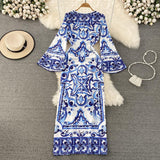 Znbbw Runway Blue And White Porcelain Loose Long Dress Women O-Neck Flare Sleeve Floral Print Bohemian Side Split Maxi Vestidos