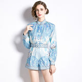Znbbw 2 Piece Shorts Set Women Stand Collar Long Sleeve Single Breasted Print Blouses + Mini Pockets Belt Shorts Suit N2159