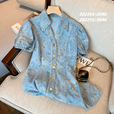 znbbw Women Fashion A-line Mini Denim Dress Summer Single-Breasted Short Puff Sleeve Turn-down Collar Floral Split Jean Dresses Female