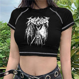 znbbw Short Sleeve Tee Girl Skull Print Vintage Graphic Clothes Crop Top Women T-Shirt Fashion Casual Summer Streetwear Slim 2023