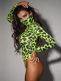 Znbbw Women Long Sleeve Leopard Skin Prinetd Bodysuit Sexy Neon Green Streetwear Jumpsuit Skinny Leopard Tops Fashion Rompers