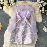 Znbbw Designer Autumn Lace Embroidery Jacquard Dress Women's See through Mesh Long Sleeve Beaded Bow Short Vestidos