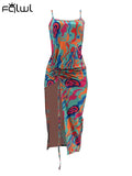 znbbw Red Printing Cami Long Dress Night Club Outfit For Women 2023 Summer Pink Bodycon Pleated Backless Split Maxi Dress 912