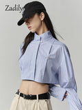 znbbw 2023 Summer Streetwear Long Sleeve Striped Women Cropped Shirt Button Stand Neck Embroidery Ladies Blouse Female Clothing