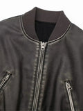 Znbbw TRAF Women Fashion With Pockets PU Black Front Zipper Bomber Jackets Vintage O-Neck Long Sleeves Female Lady Outfits