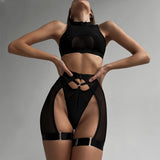 Znbbw Sexy Lingerie Set Woman 3 Pieces Vest Top Seamless Underwear Garter Belt Set Thong Black Intimate Exotic Sets