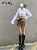 znbbw 2023 Summer Y2K Asymmetrical Long Sleeve White Shirt Women Sexy Button Slim Crop Tops Blouse Streetwear Female Clothing