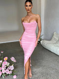 Znbbw Elegant Mesh Strapless High Split Maxi Dress For Women Robe Fashion Backless Sleeveless Bodycon Club Party Long Dress