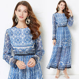 Znbbw Fashion Runway Classic Blue and White Porcelain Print Maxi Dress Women Long Sleeve Vintage Casual Chiffon Long Vestidos