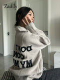 znbbw 2023 Winter Streetwear Long Sleeve Zipper Knit Cardigan Women Letter Appliques Oversize Ladies Sweater Casual Female Coat