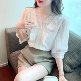 Znbbw New Lace V-Neck White Blouse Shirt Short Sleeve Blouse Women Blusas Mujer De Moda 2023 Verano Women Tops Blouses G471