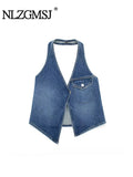 Znbbw TRAF Summer Sexy Camis Women Denim Blue Vest Woemn V Neck Halte Sleeveless Backless Asymmetric Top Female Tanks Y2K