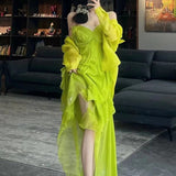 znbbw Summer Fairy Style Backless Patchwork V-neck Green Suspender Dresses Women Beachwear High Waist Chiffon Loose Ruffles Dress