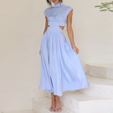 znbbw New Stitching Pleated Women Party Dresses Spring Summer Candy Color Dresses Fashion Sweet Stand Hollow Out Waist Lady Dress