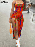 znbbw Red Printing Cami Long Dress Night Club Outfit For Women 2023 Summer Pink Bodycon Pleated Backless Split Maxi Dress 912