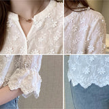 Znbbw Tops Lace Blouses Women Embroidery Floral Cotton White Shirt 2023 Fashion Casual Short Sleeve Women's Shirts Blusas 9638