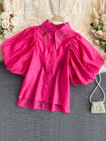 Znbbw Summer New Fashion Korean Retro Blouse Female Irregular Rhinestone Lapel Puff Sleeve Blusa Short Shirt KK1100