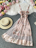 Znbbw Summer Women's Dress French Retro Square Neck Print Suspender Dress New Waist Lace Feamle Short Dresses HH293