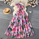 Znbbw Oblique Off Shoulder Flowy Bohemian Dress Women Summer Floral Printed Lace Up Belt High Waist Long Beach Chiffon Dress