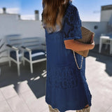 znbbw Lace Patchwork Temperament Beach Dress Summer Short Sleeve Folds Dress Fashion New Lace Pattern O-Neck Loose Women Dress