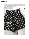 znbbw Summer Street Casual Style High Waist Geometric Print Shorts Women's Harajuku 3D Heart Decoration Loose Fit Pleated Shorts