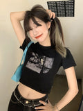 Znbbw Black Goth Harajuku Vintage Grunge Graphic Slim Short Crop Top Streetwear Sexy Summer Harajuku Y2K Punk Casual Women T-Shirt