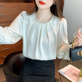 Znbbw Fashion Beading O-Neck Chiffon Blouse Shirt Women Tops Blouses Blusas Mujer De Moda 2023 Long Sleeve Blouse Women Blusa G879