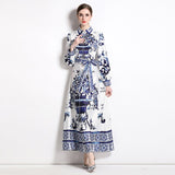 Znbbw Vintage Blue And White Porcelain Print Ankle-Length Dress Women's Lapel Lantern Sleeve Elegant Sashes Maxi Vestidos N9860