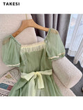 znbbw Summer Fairycore Backless Square Collar Bow Lace-up Green Long Dresses Women High Waist Chiffon Loose Evening Dress