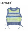 Znbbw TRAF Women 2023 Fashion Hollow Out Frenulum Split Design Knitted Tank Tops Vintage Backless Female Chic Tops