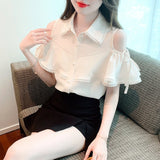 Znbbw Sleeve Blouse Women Tops Turn Down Collar Chiffon Blouse Shirt Blusas Mujer De Moda 2023 Verano Off Shoulder Top G456