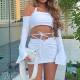 Znbbw Fashion Women Sexy 2 Piece Set Club Party Summer Outfit Long Sleeve Off Shoulder Halter Crop Top+Bandage Ruched Mini Skirt