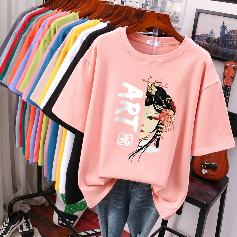 Girl Cotton Oversize Tops Plus Size Women Loose Fit Chinese Style T-shirt B