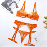 Znbbw Lace Embroidery Lingerie Sexy Transparent Underwear Erotic 3-Piece Orange Mesh Bra Short Skin Care Kits Bilizna Set