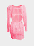 znbbw Summer Sexy Hollow Out Bodycon Bcakless Mini Dresses Club Outfit For Women 2023 Long Sleeve Pink Knit Short Dress Female