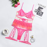 Znbbw Pink Bright Lingerie Erotic Female Underwear Ruffle Transparent Fancy Intimate Lace Garter Belt 3-Piece Exotic Sets