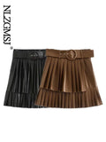 Znbbw ZBZA Women 2023 Pu Leather Mini Skirt with Belt Women High Waist Pleated Skirts womens Casual Streetwear Party 202309
