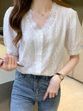 Znbbw Short Sleeve White Blouse Women Lace V-Neck Blouse Shirt Blusas Mujer De Moda 2023 Verano Women Tops Blouses Shirts F452