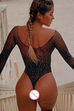 Znbbw Off Shoulder Fishnet Bodystocking Sexy Transparent Glitter Long Sleeve Bodysuit See Through Exotic Costumes Porn Tights